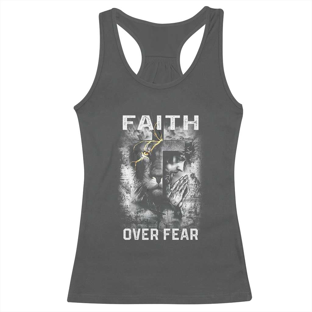 Christian Racerback Tank Top Faith Over Fear Jesus Lion TS09 Dark Heather Print Your Wear