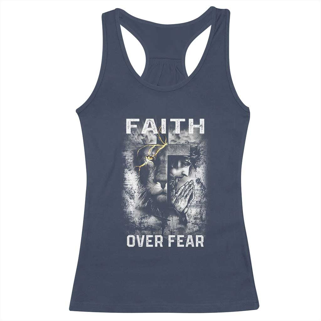 Christian Racerback Tank Top Faith Over Fear Jesus Lion TS09 Navy Print Your Wear