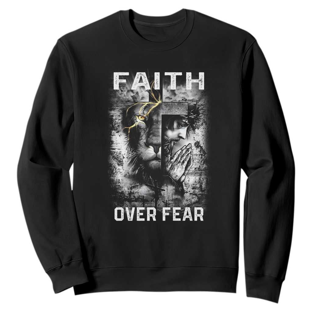 Christian Sweatshirt Faith Over Fear Jesus Lion TS09 Black Print Your Wear