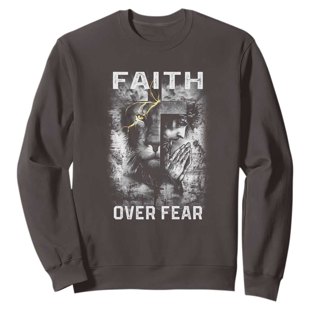 Christian Sweatshirt Faith Over Fear Jesus Lion TS09 Dark Chocolate Print Your Wear