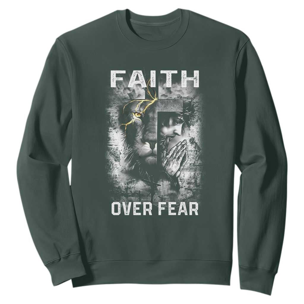 Christian Sweatshirt Faith Over Fear Jesus Lion TS09 Dark Forest Green Print Your Wear
