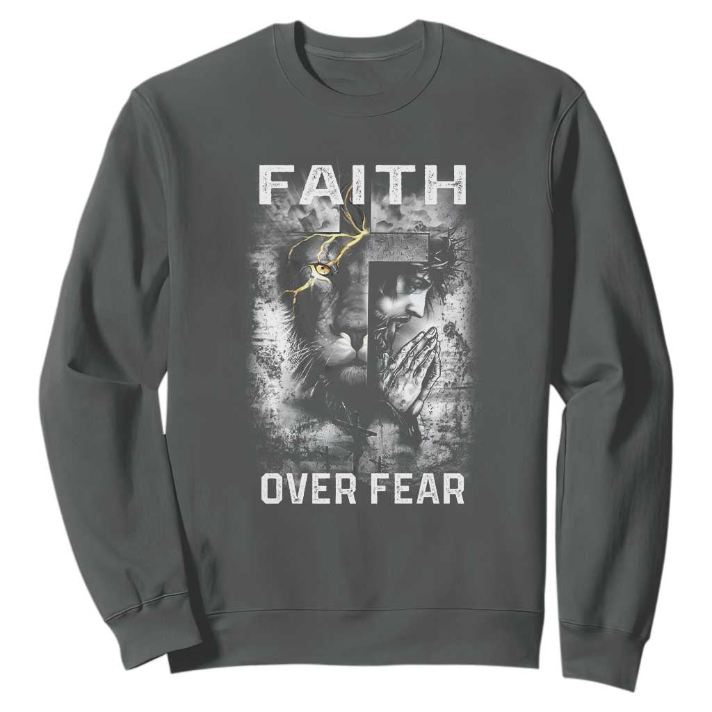 Christian Sweatshirt Faith Over Fear Jesus Lion TS09 Dark Heather Print Your Wear