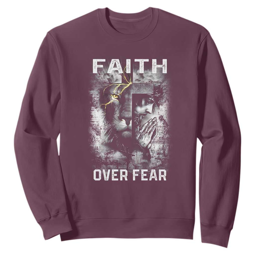 Christian Sweatshirt Faith Over Fear Jesus Lion TS09 Maroon Print Your Wear