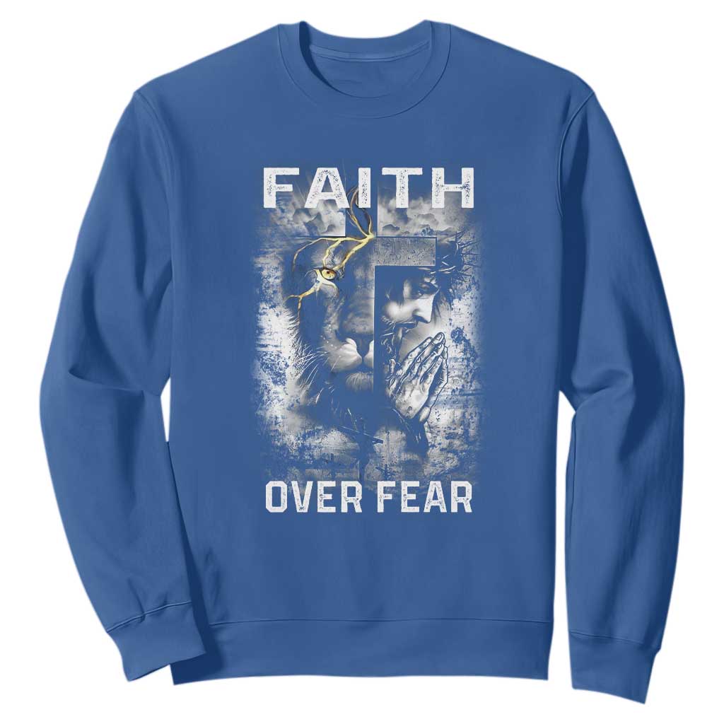 Christian Sweatshirt Faith Over Fear Jesus Lion TS09 Royal Blue Print Your Wear