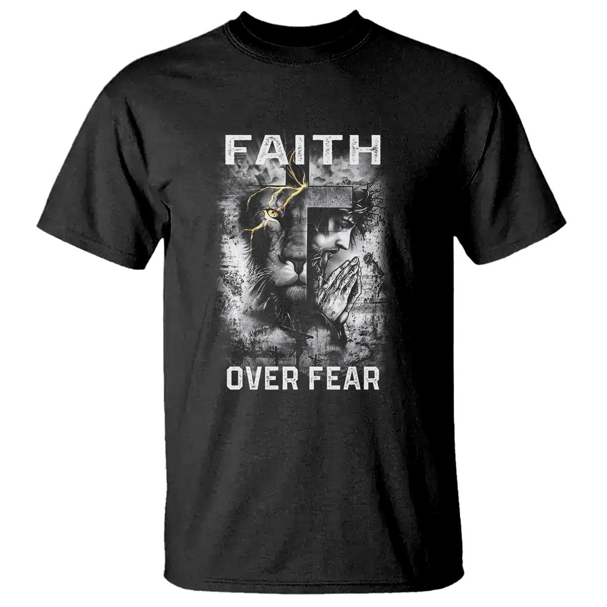 Christian T Shirt Faith Over Fear Jesus Lion TS09 Black Print Your Wear