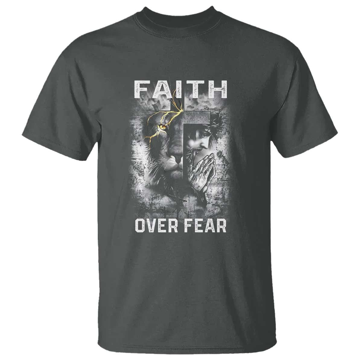 Christian T Shirt Faith Over Fear Jesus Lion TS09 Dark Heather Print Your Wear
