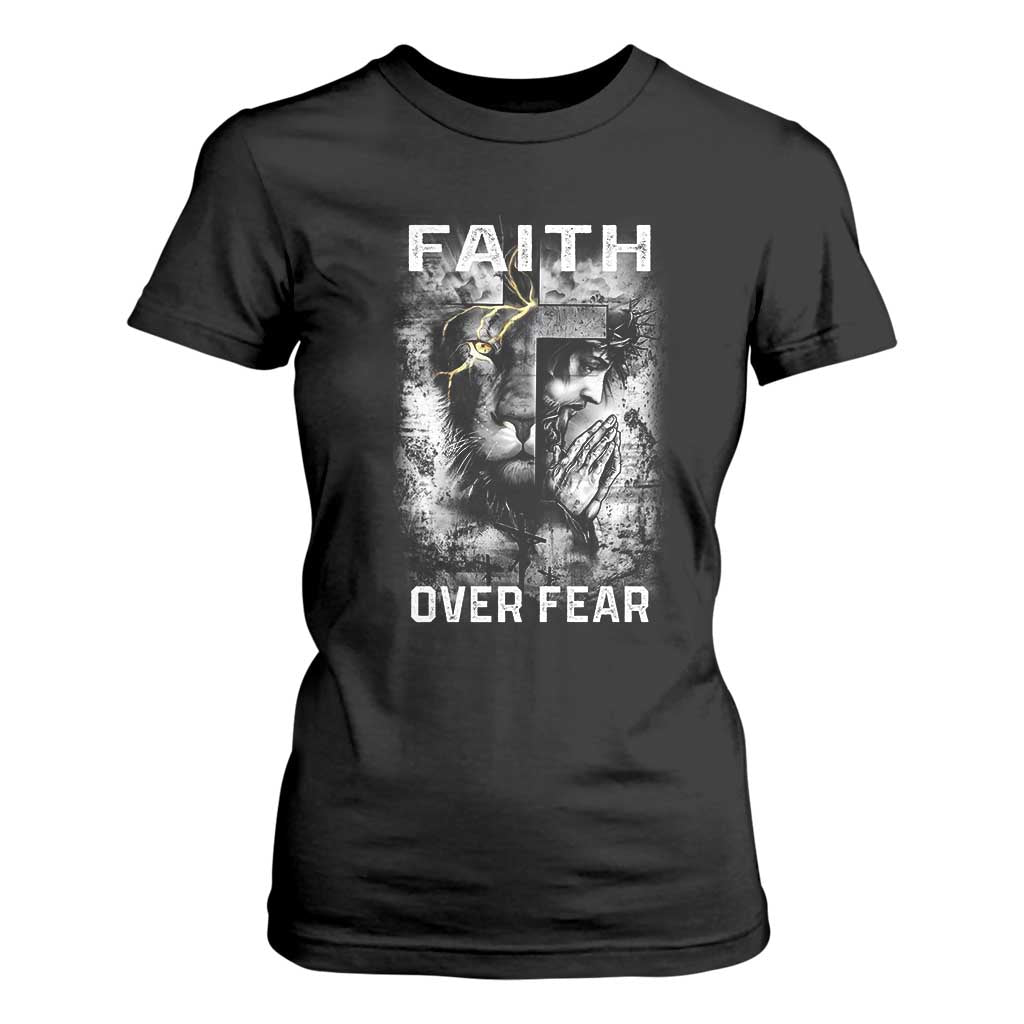 Christian T Shirt For Women Faith Over Fear Jesus Lion TS09 Black Print Your Wear