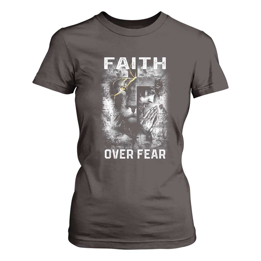 Christian T Shirt For Women Faith Over Fear Jesus Lion TS09 Dark Chocolate Print Your Wear