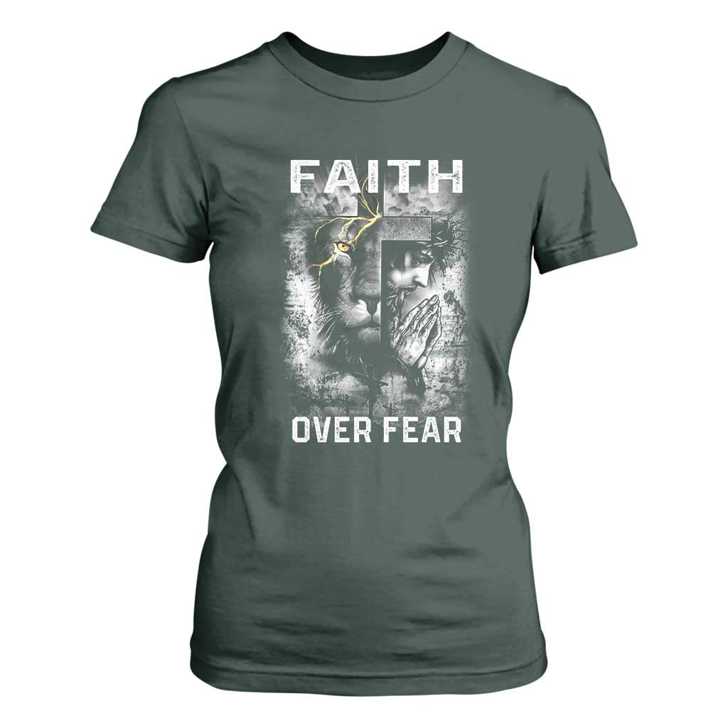 Christian T Shirt For Women Faith Over Fear Jesus Lion TS09 Dark Forest Green Print Your Wear