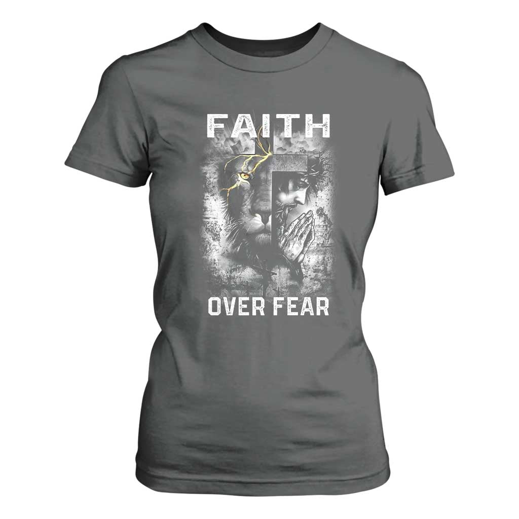 Christian T Shirt For Women Faith Over Fear Jesus Lion TS09 Dark Heather Print Your Wear