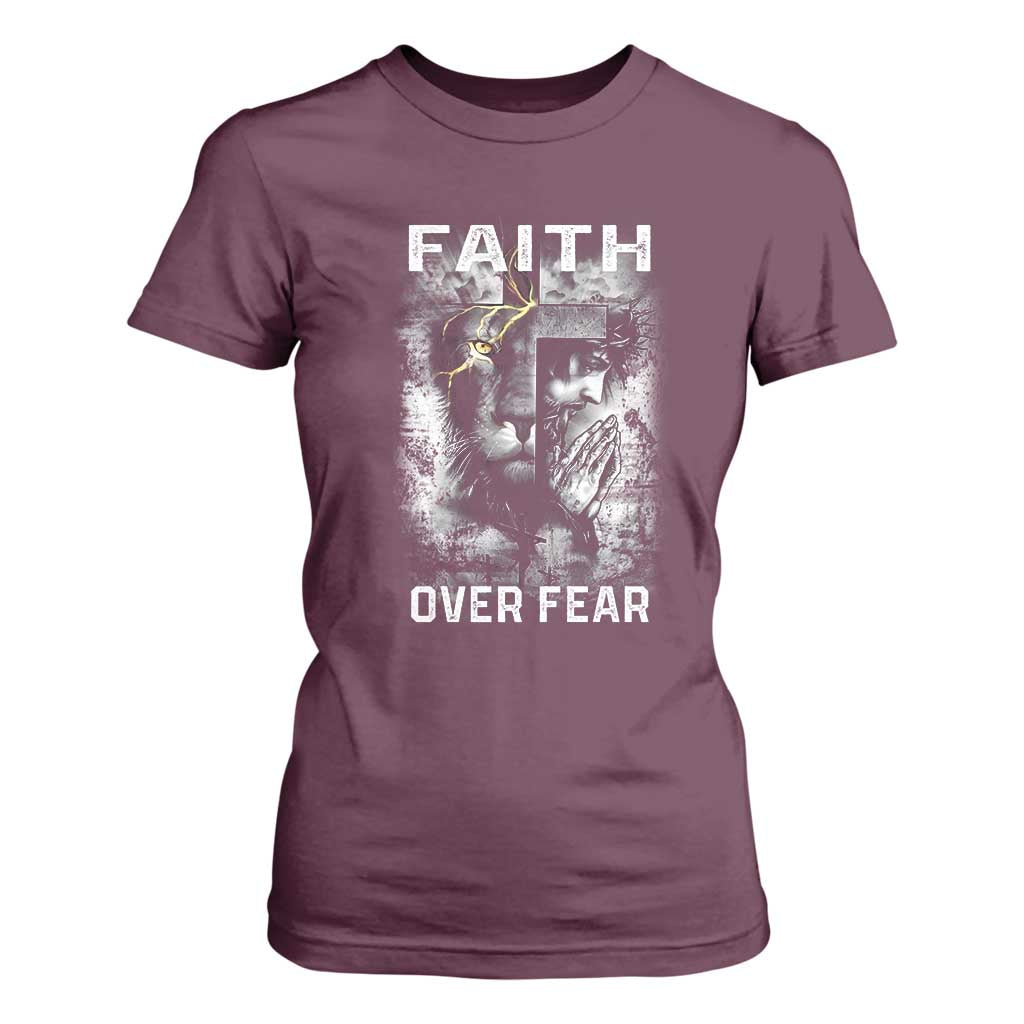 Christian T Shirt For Women Faith Over Fear Jesus Lion TS09 Maroon Print Your Wear