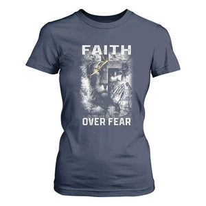 Christian T Shirt For Women Faith Over Fear Jesus Lion TS09 Navy Print Your Wear