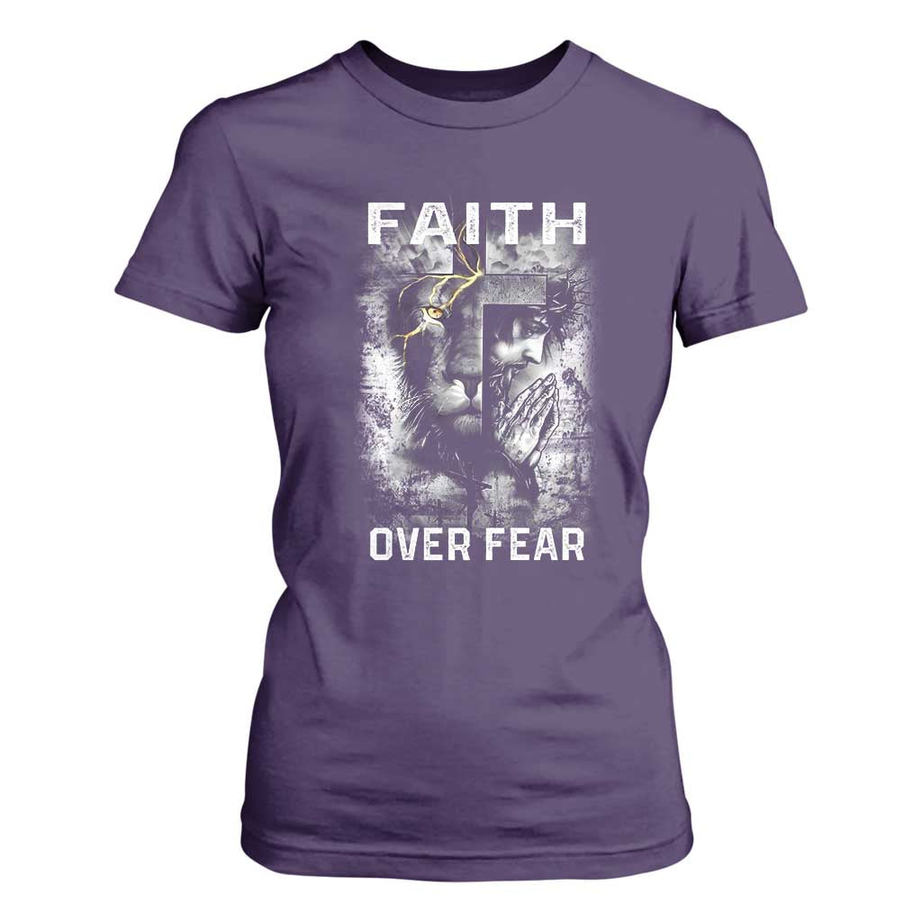 Christian T Shirt For Women Faith Over Fear Jesus Lion TS09 Purple Print Your Wear