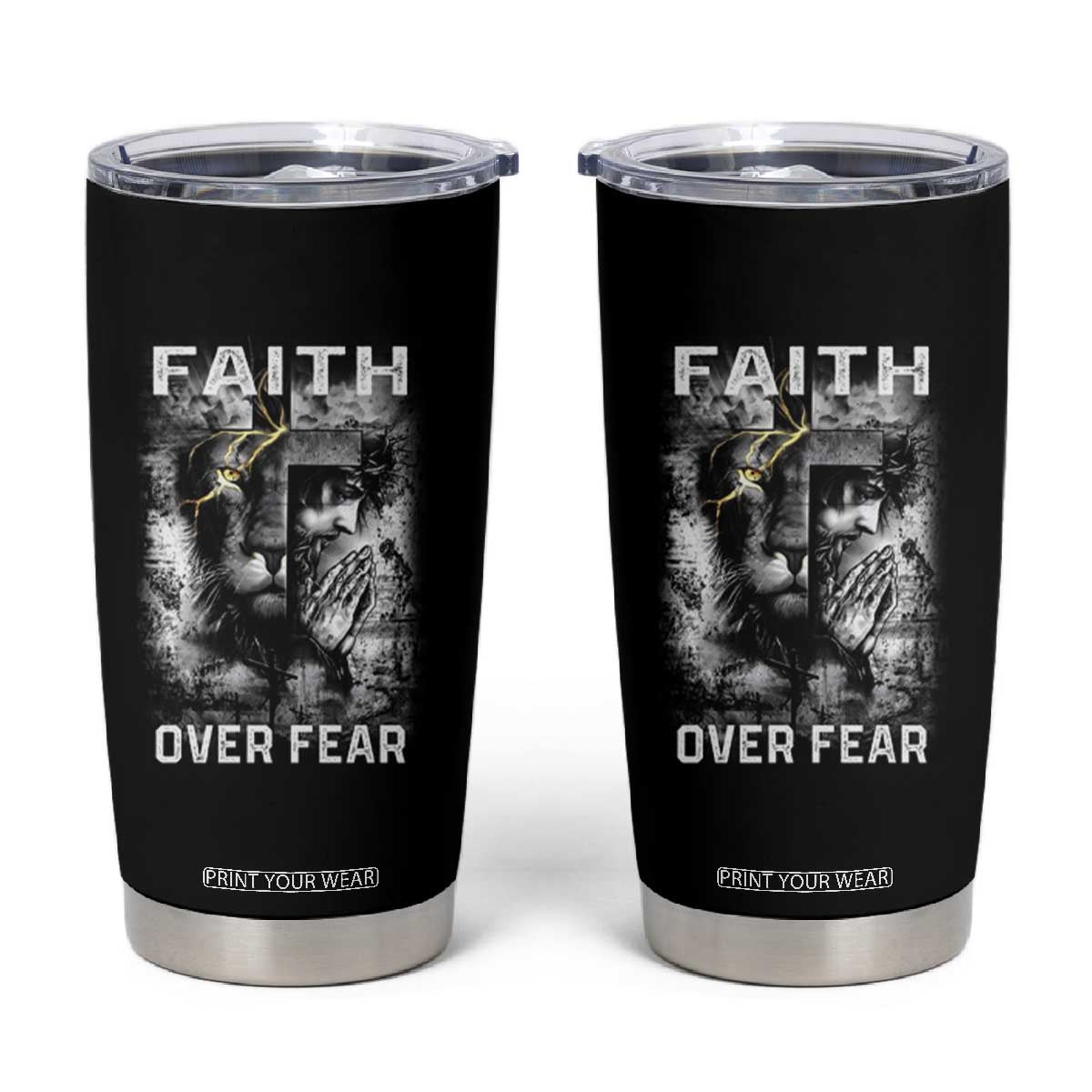 Christian Tumbler Cup Faith Over Fear Jesus Lion TS09 Black Print Your Wear