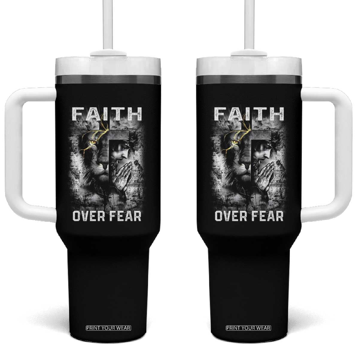 Christian Tumbler With Handle Faith Over Fear Jesus Lion TS09 One Size: 40 oz Black Print Your Wear