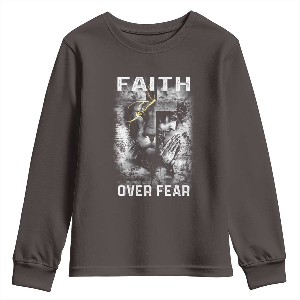 Christian Youth Sweatshirt Faith Over Fear Jesus Lion TS09 Dark Chocolate Print Your Wear