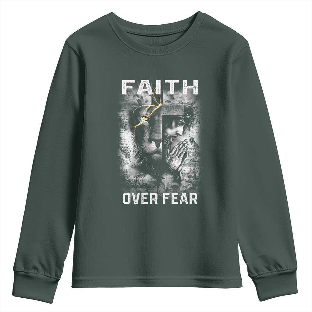 Christian Youth Sweatshirt Faith Over Fear Jesus Lion TS09 Dark Forest Green Print Your Wear