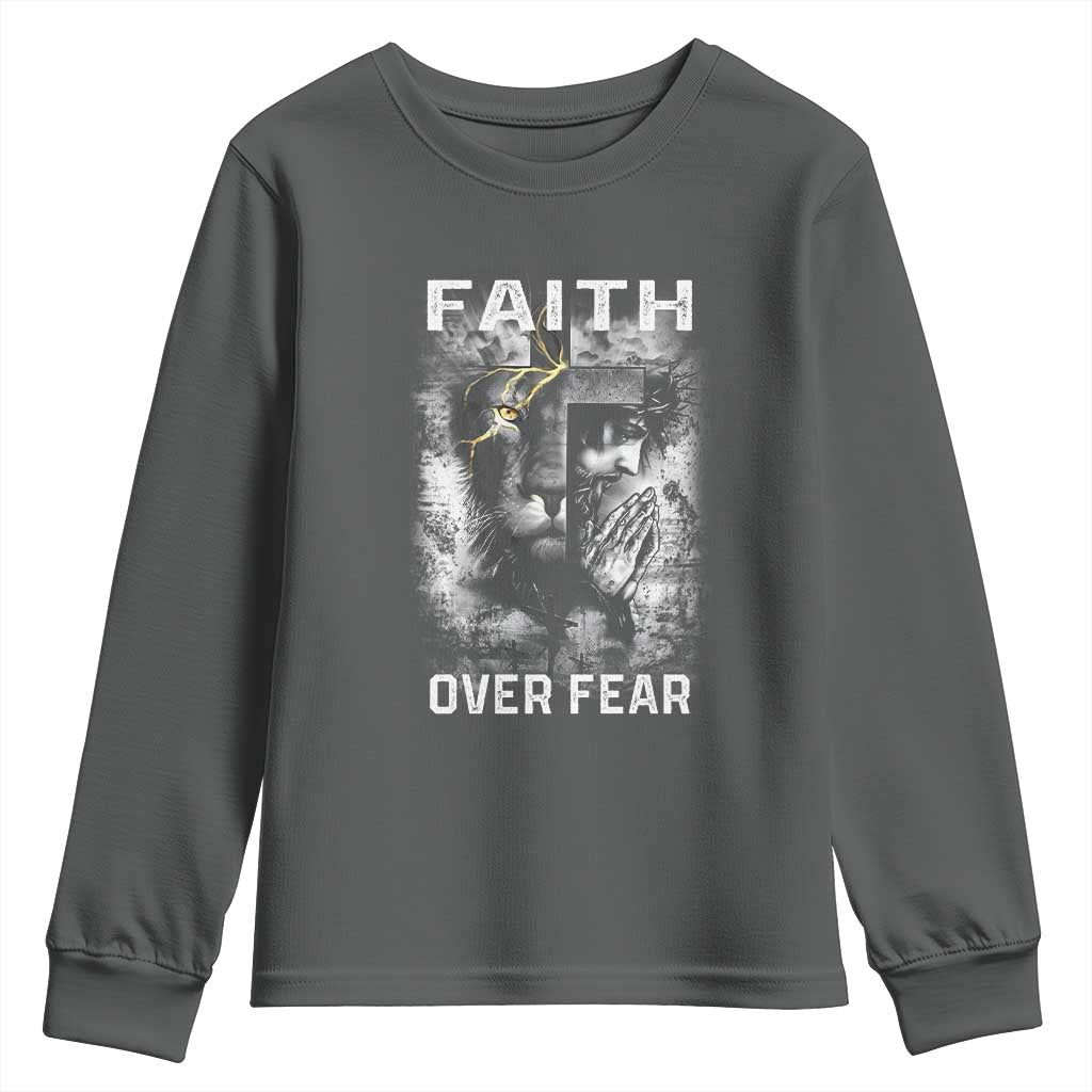 Christian Youth Sweatshirt Faith Over Fear Jesus Lion TS09 Dark Heather Print Your Wear