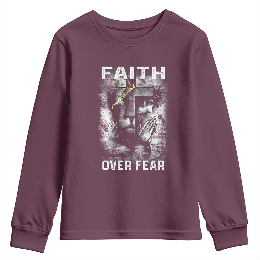 Christian Youth Sweatshirt Faith Over Fear Jesus Lion TS09 Maroon Print Your Wear
