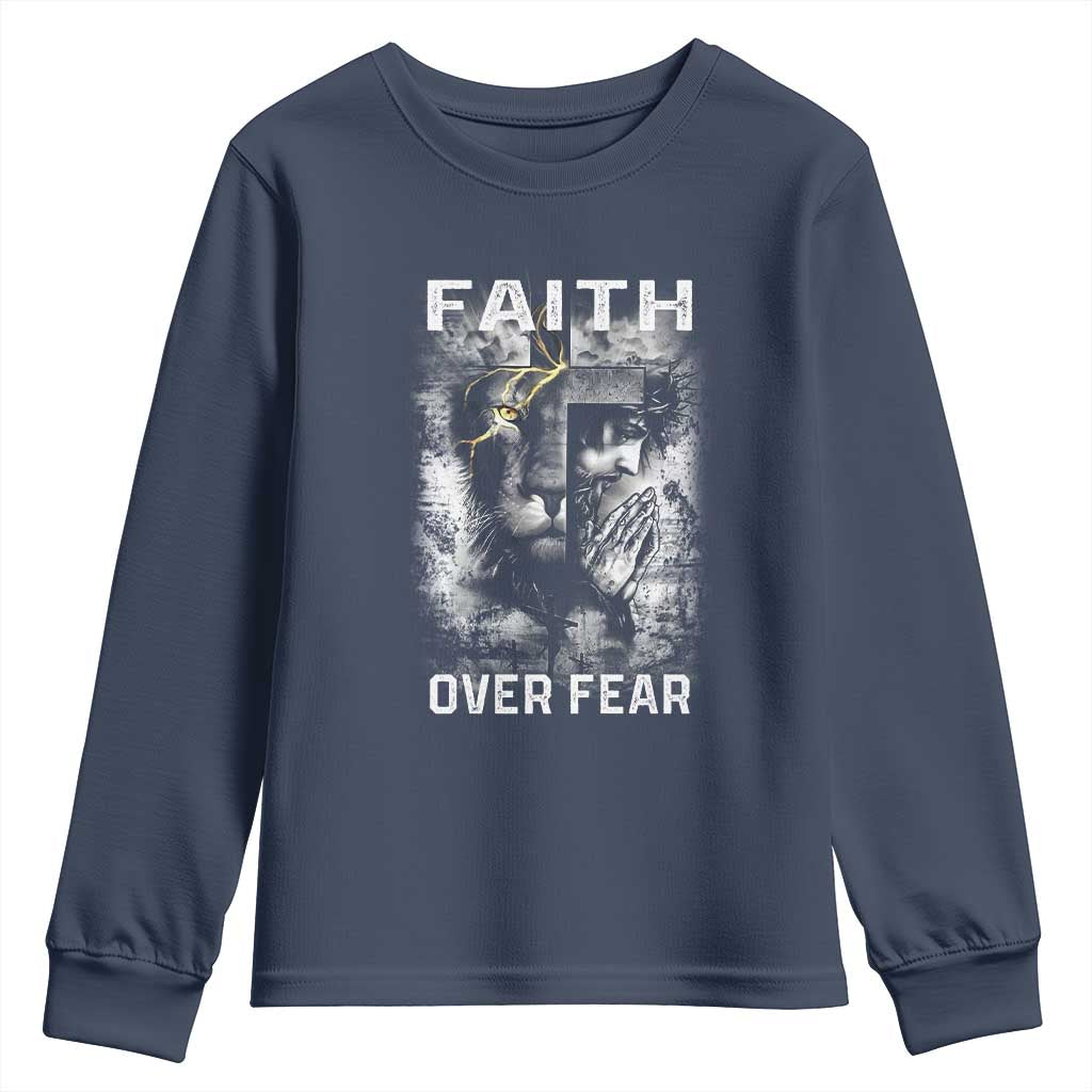 Christian Youth Sweatshirt Faith Over Fear Jesus Lion TS09 Navy Print Your Wear