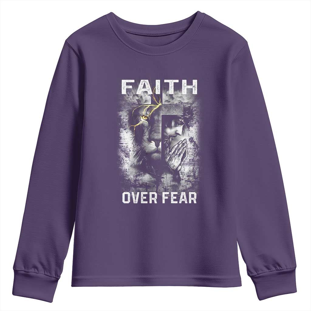 Christian Youth Sweatshirt Faith Over Fear Jesus Lion TS09 Purple Print Your Wear