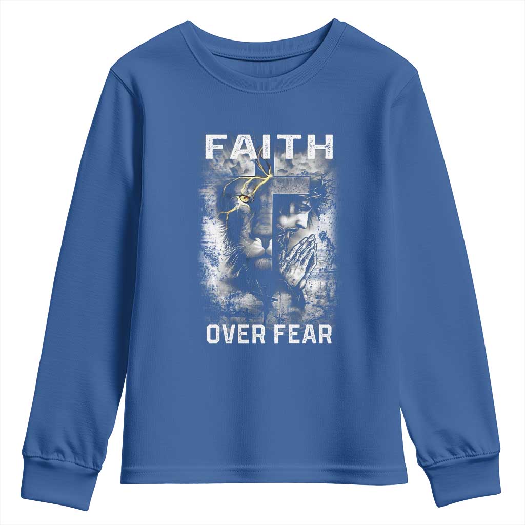 Christian Youth Sweatshirt Faith Over Fear Jesus Lion TS09 Royal Blue Print Your Wear