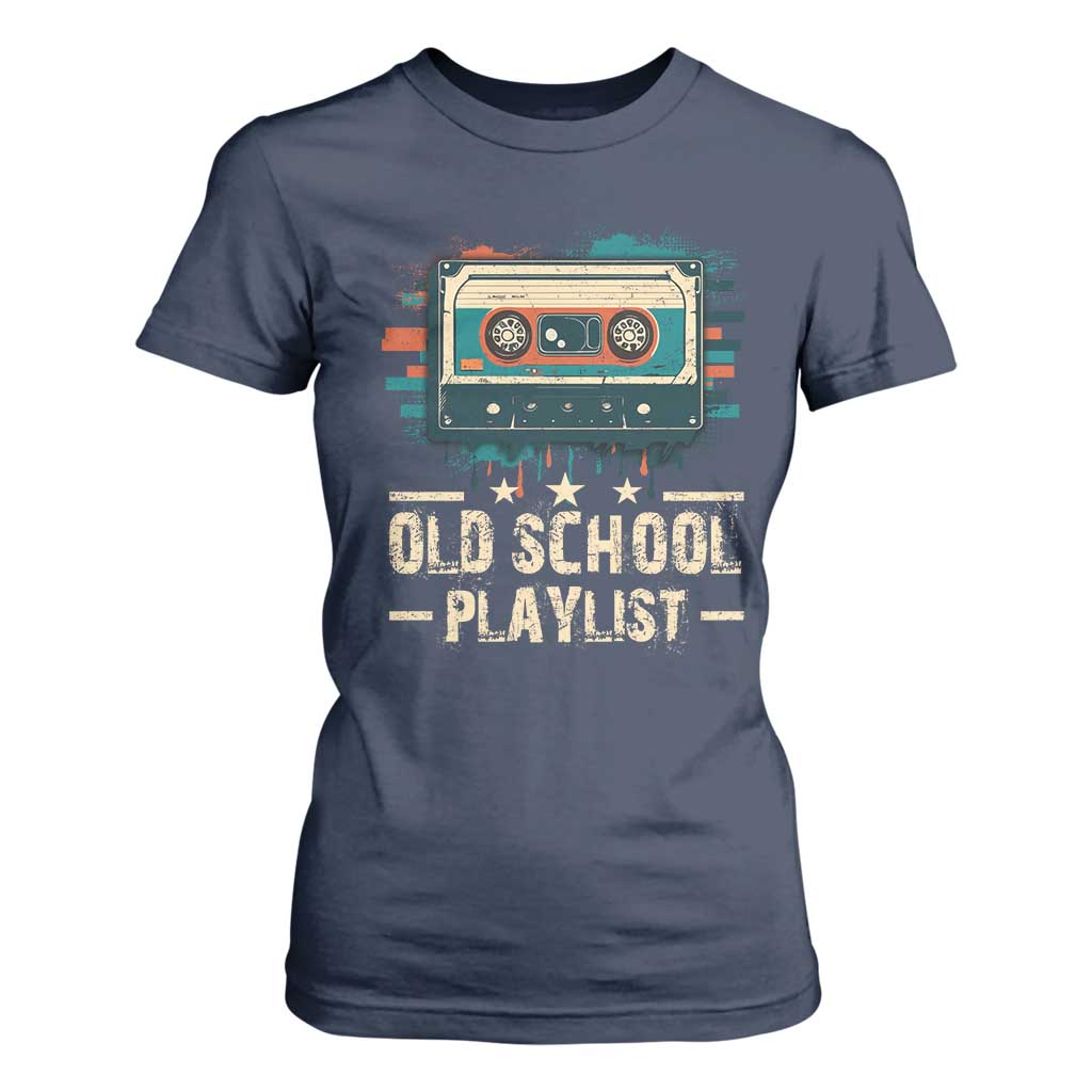 Old School Playlist T Shirt For Women Retro Cassette Hip Hop Lover TS09 Navy Print Your Wear