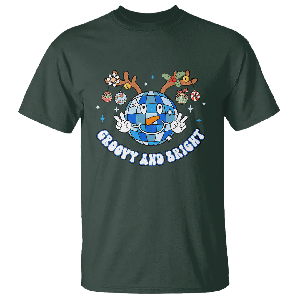 Groovy And Bright Merry Christmas Disco Ball Reindeer T Shirt TS09 Dark Forest Green Printyourwear