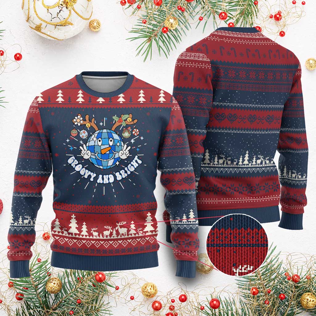 Groovy And Bright Merry Christmas Disco Ball Reindeer Ugly Christmas Sweater TS09 Burgundy Print Your Wear