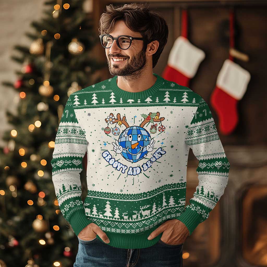 Groovy And Bright Merry Christmas Disco Ball Reindeer Ugly Christmas Sweater TS09 Green Print Your Wear