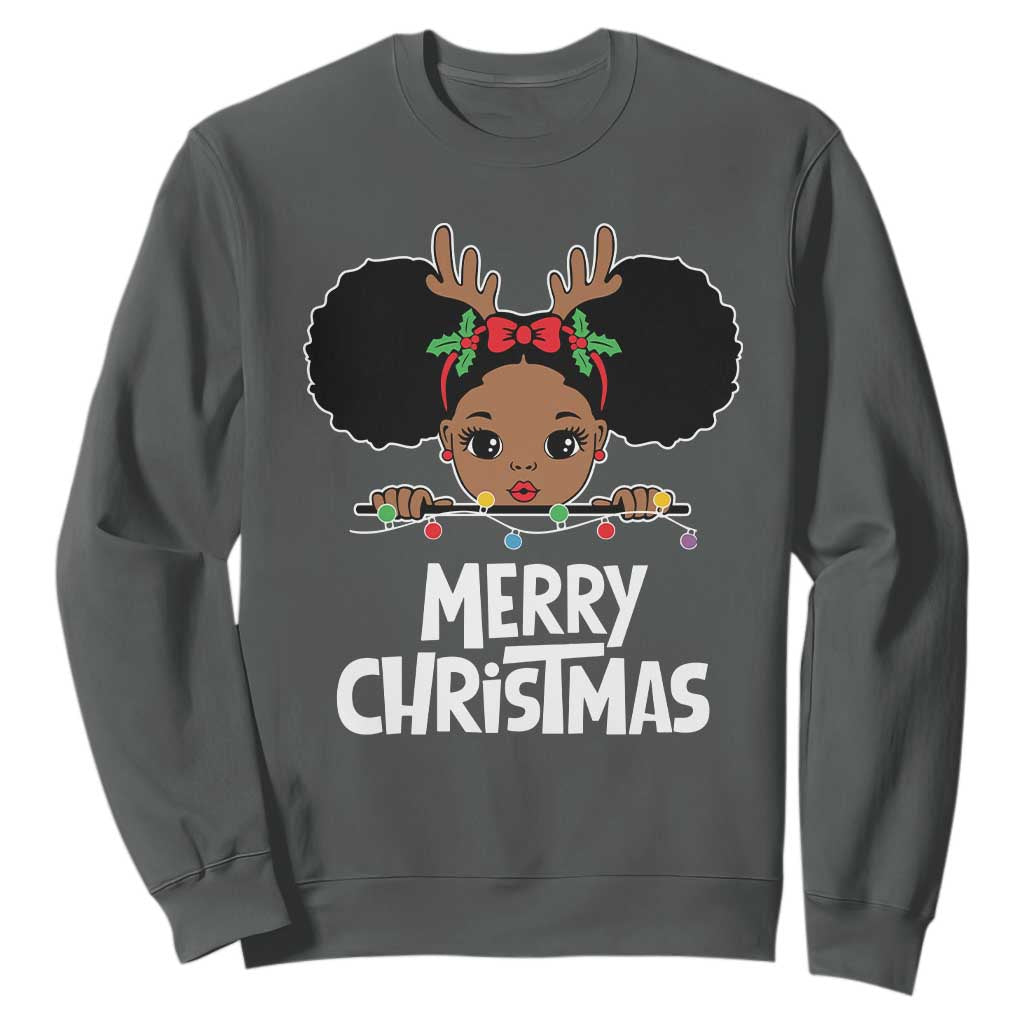 African American Xmas Sweatshirt Cute Black Girl Kids Merry Christmas TS09 Dark Heather Printyourwear