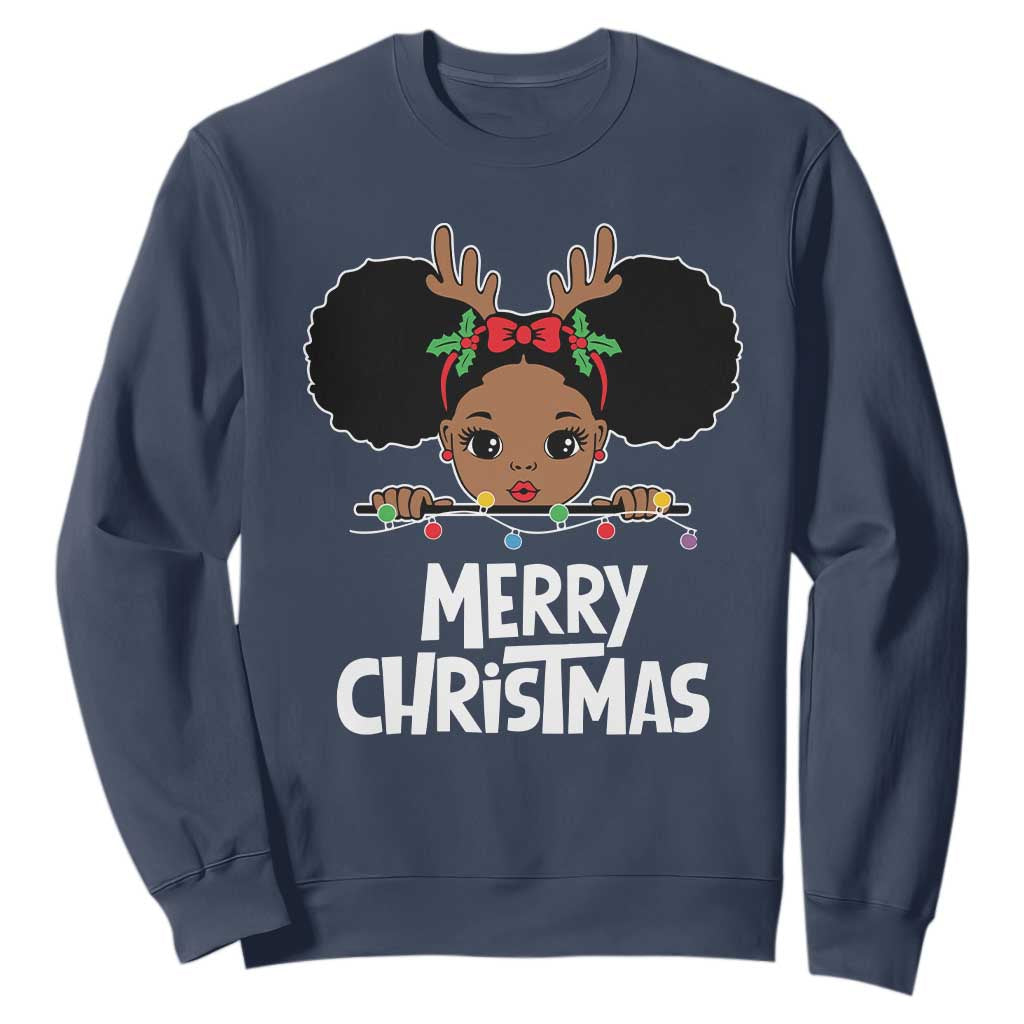 African American Xmas Sweatshirt Cute Black Girl Kids Merry Christmas TS09 Navy Printyourwear
