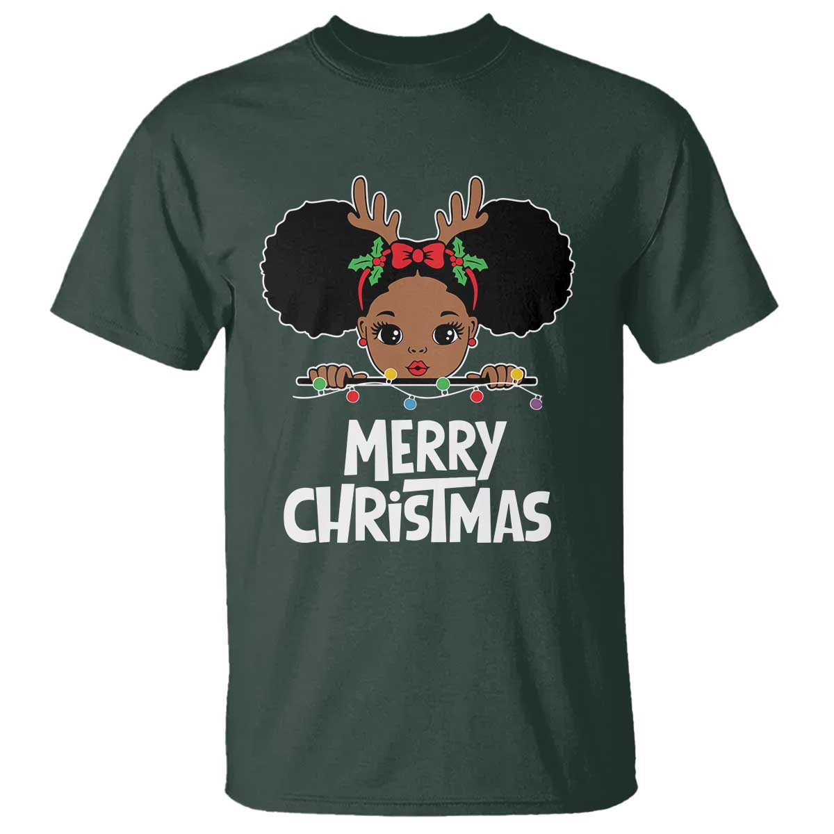 African American Christmas T Shirt Merry Christmas Cute Black Girl Kids TS09 Dark Forest Green Print Your Wear