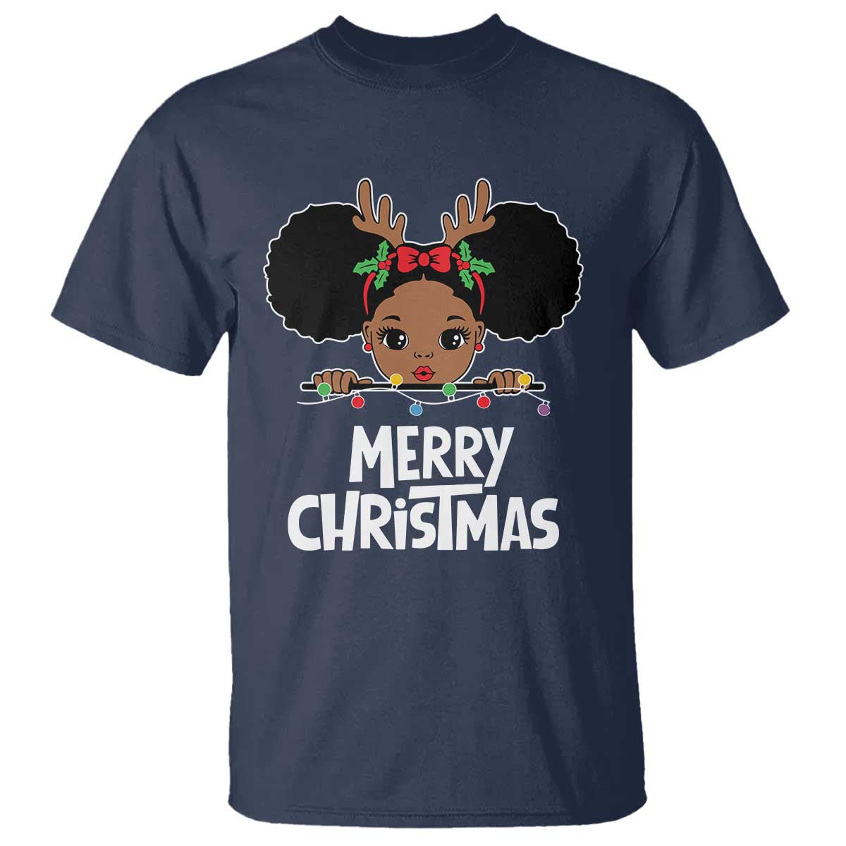 African American Christmas T Shirt Merry Christmas Cute Black Girl Kids TS09 Navy Print Your Wear