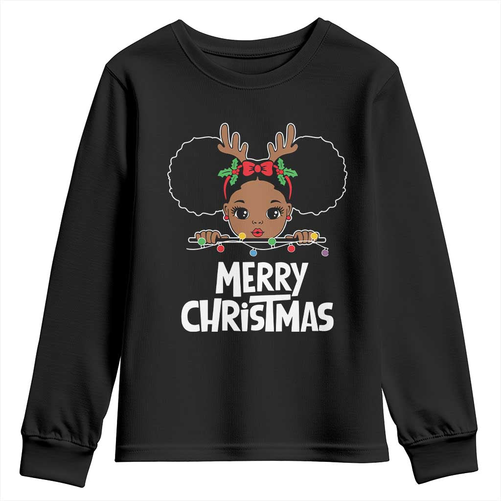 African American Christmas Youth Sweatshirt Merry Christmas Cute Black Girl Kids TS09 Black Print Your Wear