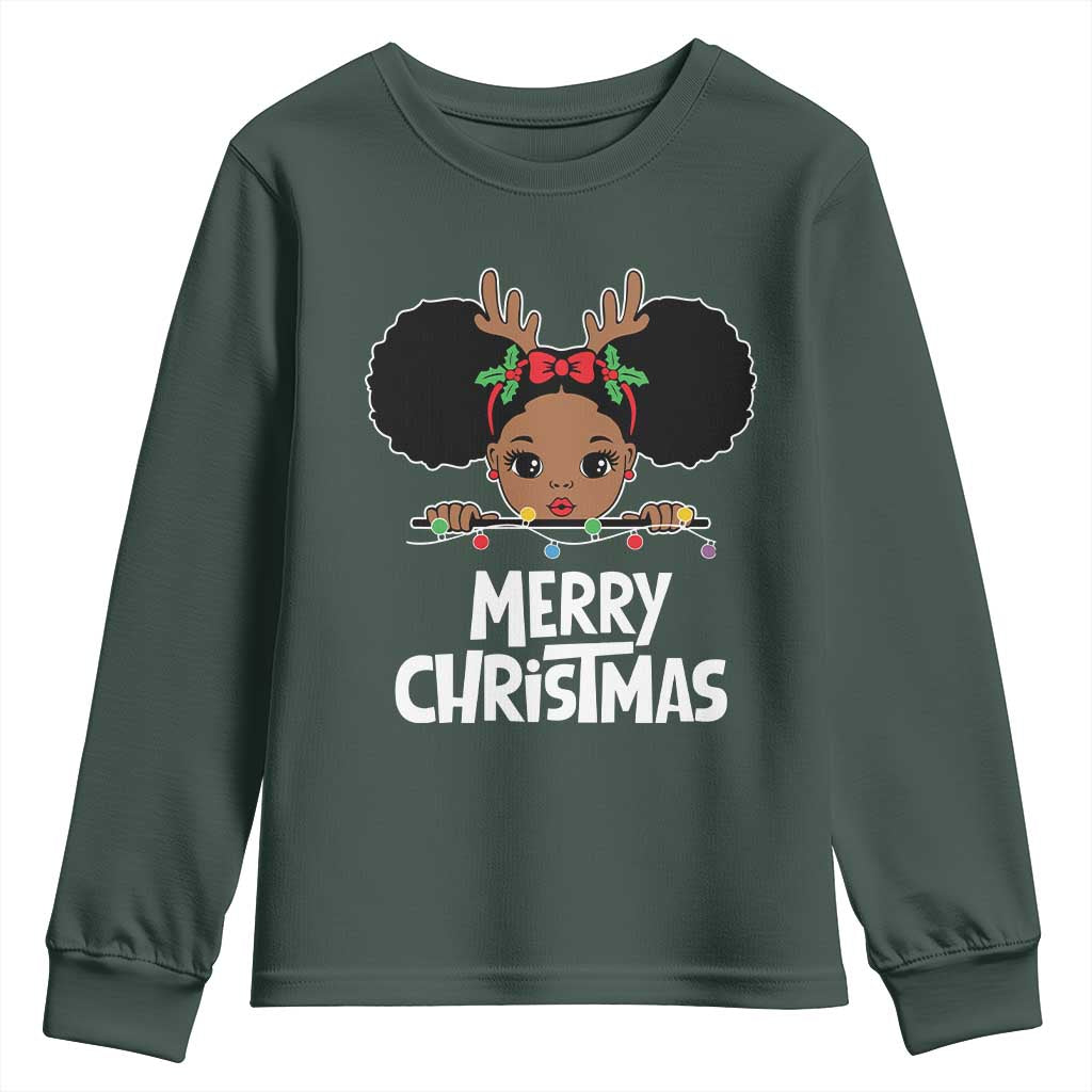 African American Christmas Youth Sweatshirt Merry Christmas Cute Black Girl Kids TS09 Dark Forest Green Print Your Wear