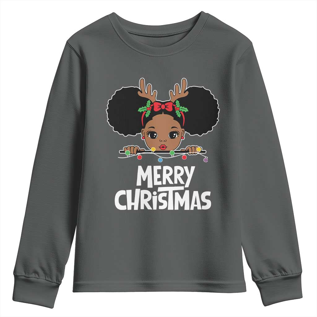 African American Christmas Youth Sweatshirt Merry Christmas Cute Black Girl Kids TS09 Dark Heather Print Your Wear