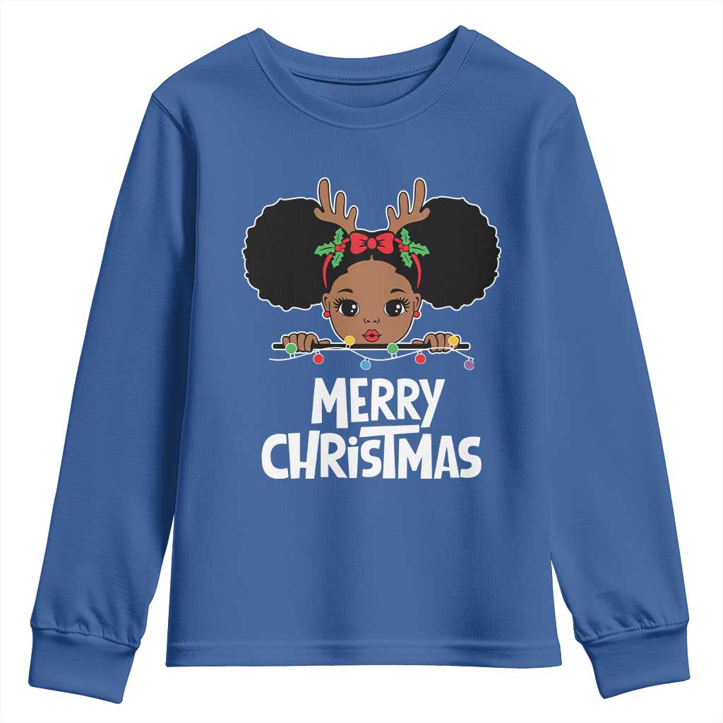 African American Christmas Youth Sweatshirt Merry Christmas Cute Black Girl Kids TS09 Royal Blue Print Your Wear