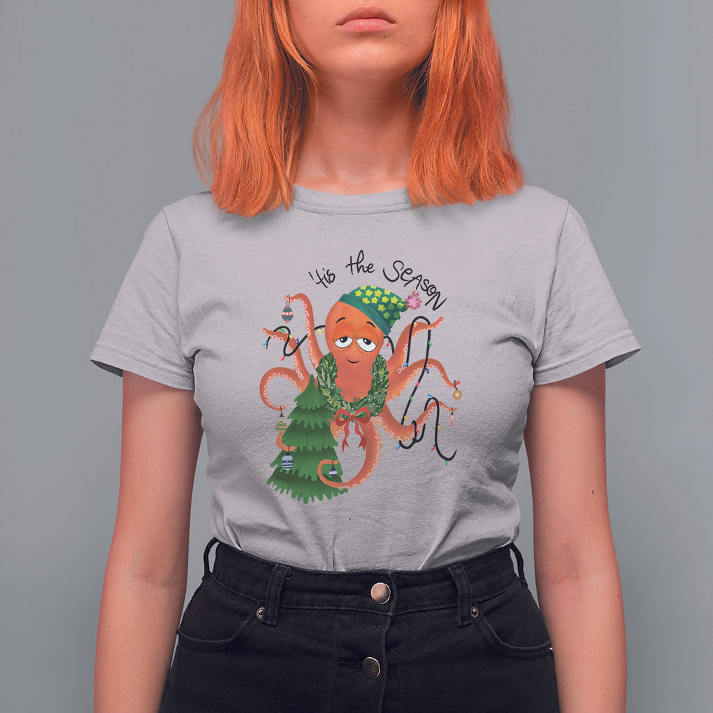 Octopus Tis The Season Christmas Tree T Shirt For Women TS09 Ice Gray Printyourwear