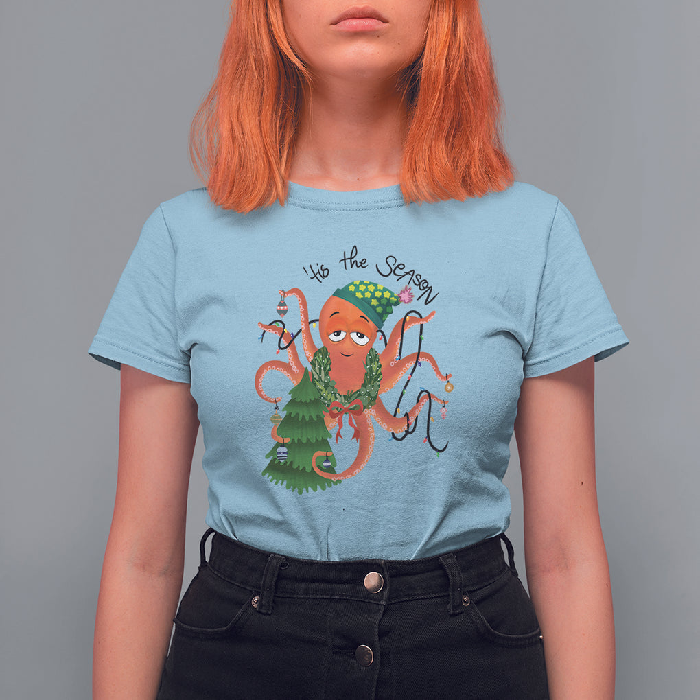 Octopus Tis The Season Christmas Tree T Shirt For Women TS09 Light Blue Printyourwear