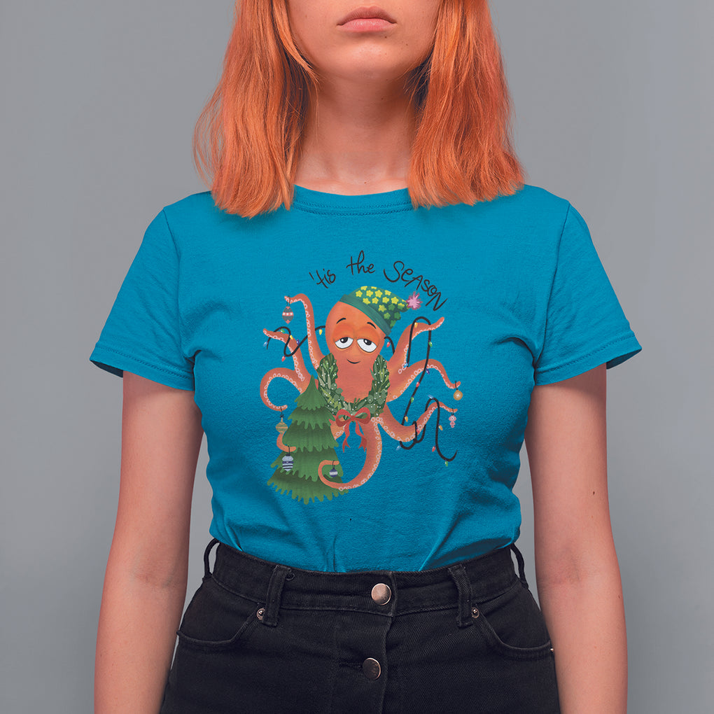 Octopus Tis The Season Christmas Tree T Shirt For Women TS09 Sapphire Printyourwear