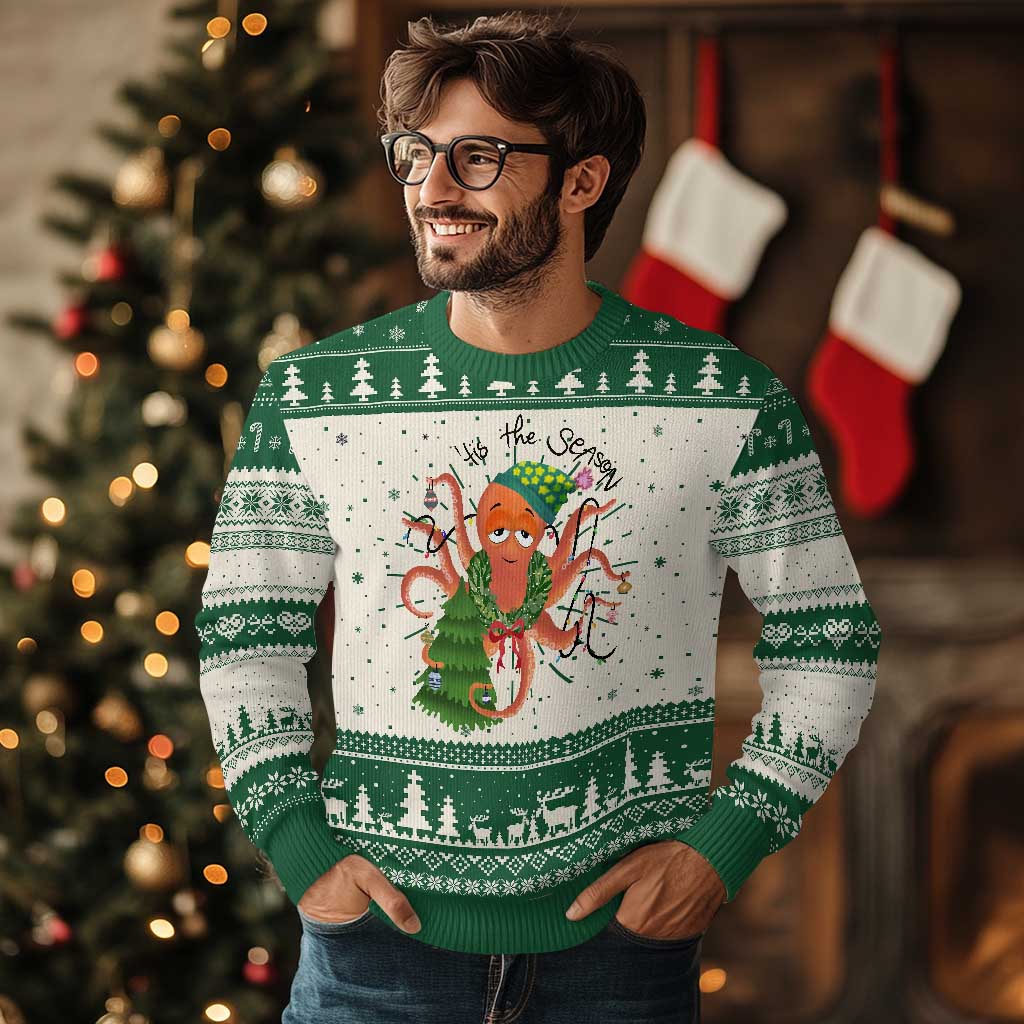 Funny Christmas Tree Octopus Tis The Season Ugly Christmas Sweater TS09 Green Print Your Wear