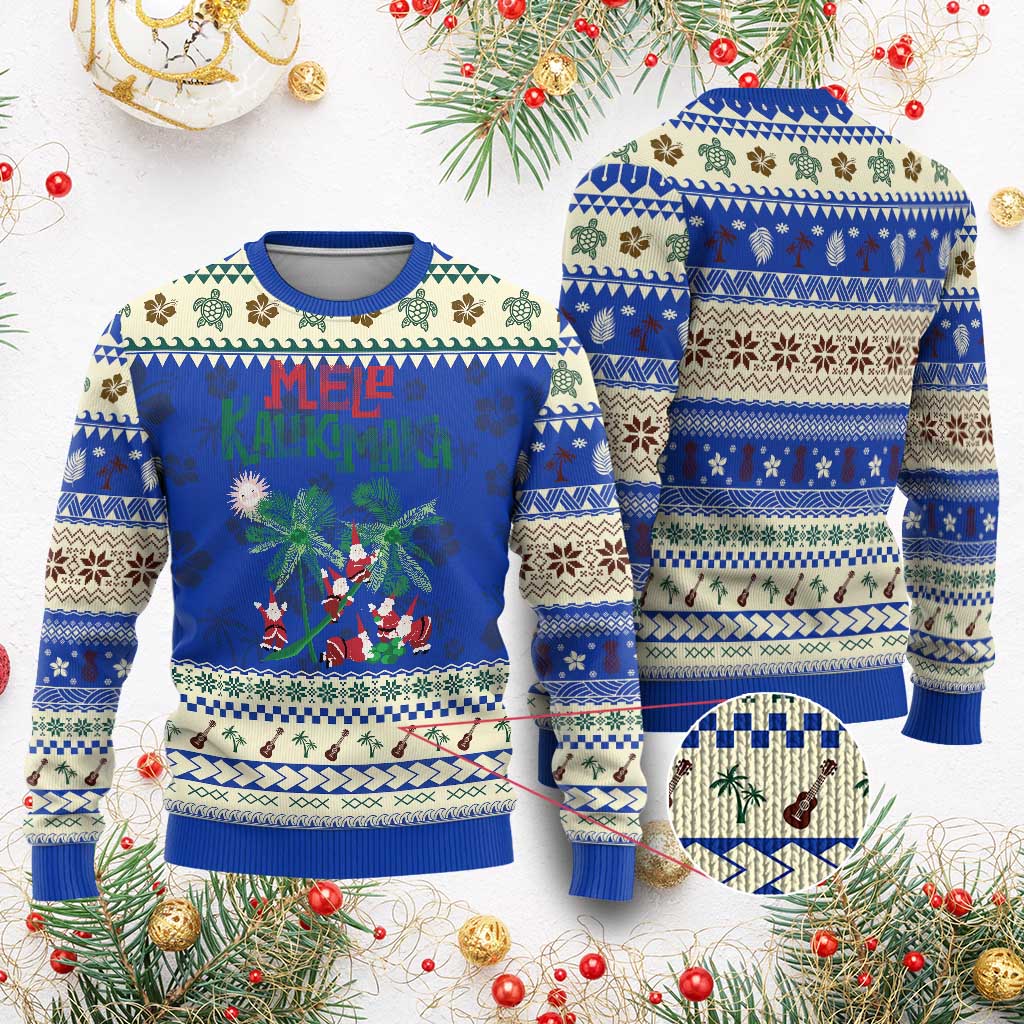 Hawaiian Xmas Ugly Christmas Sweater Mele Kalikimaka Santa Climb Palm Tree TS09 Blue Print Your Wear