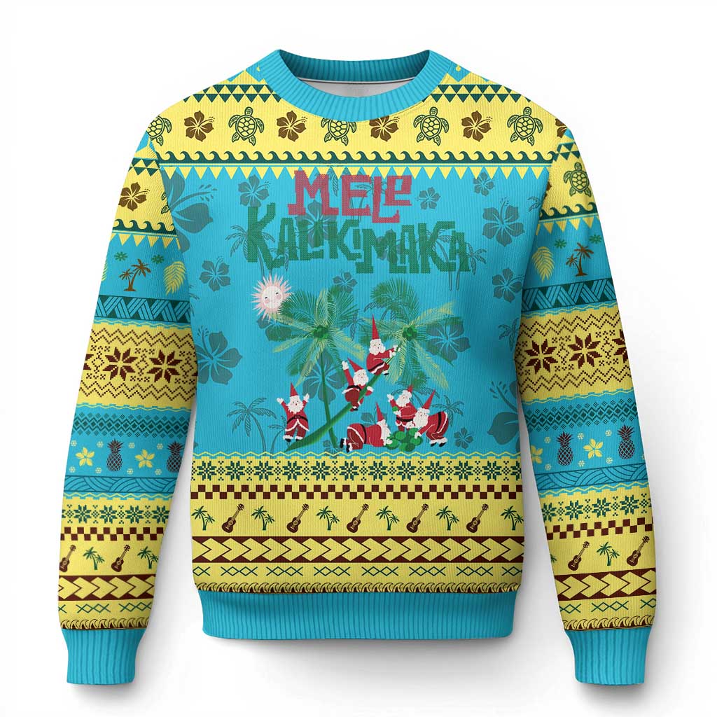 Hawaiian Xmas Ugly Christmas Sweater Mele Kalikimaka Santa Climb Palm Tree TS09 Hawaii Print Your Wear