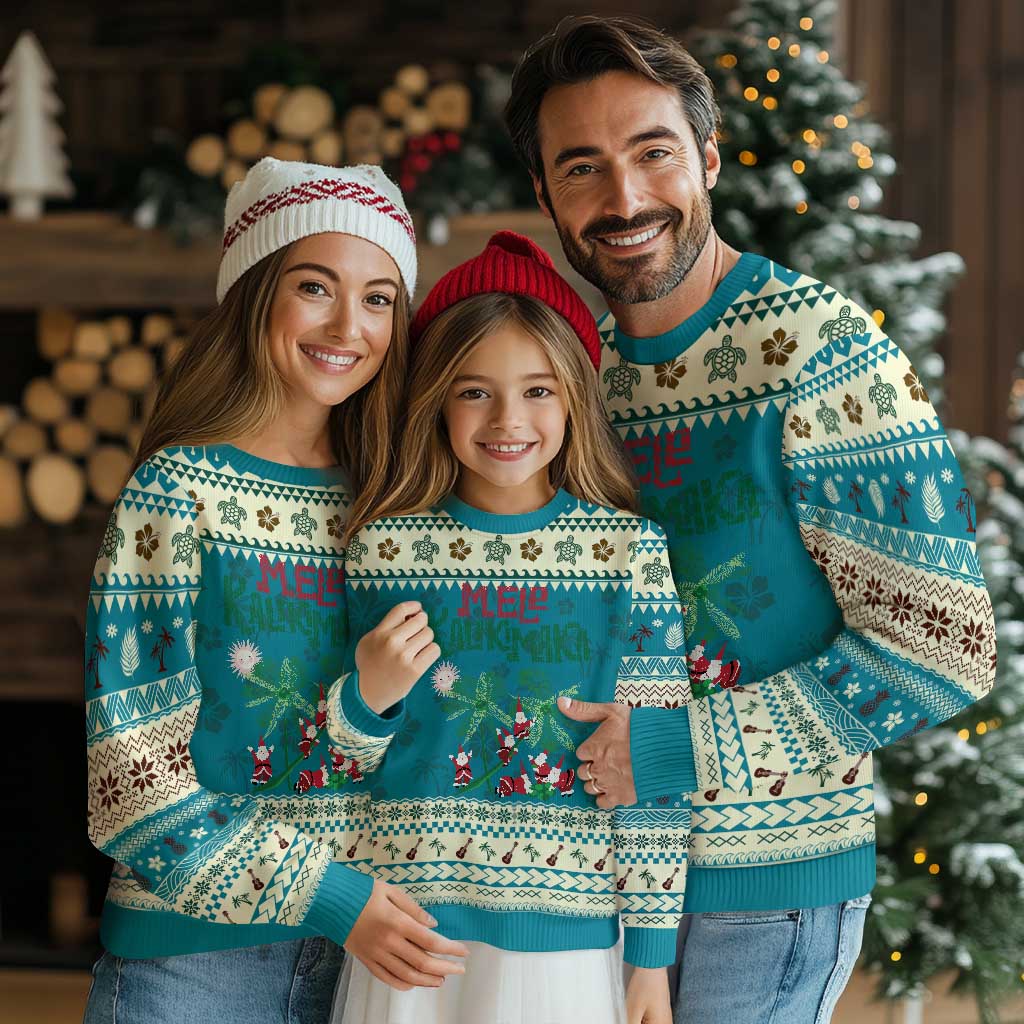 Hawaiian Xmas Ugly Christmas Sweater Mele Kalikimaka Santa Climb Palm Tree TS09 Teal Print Your Wear