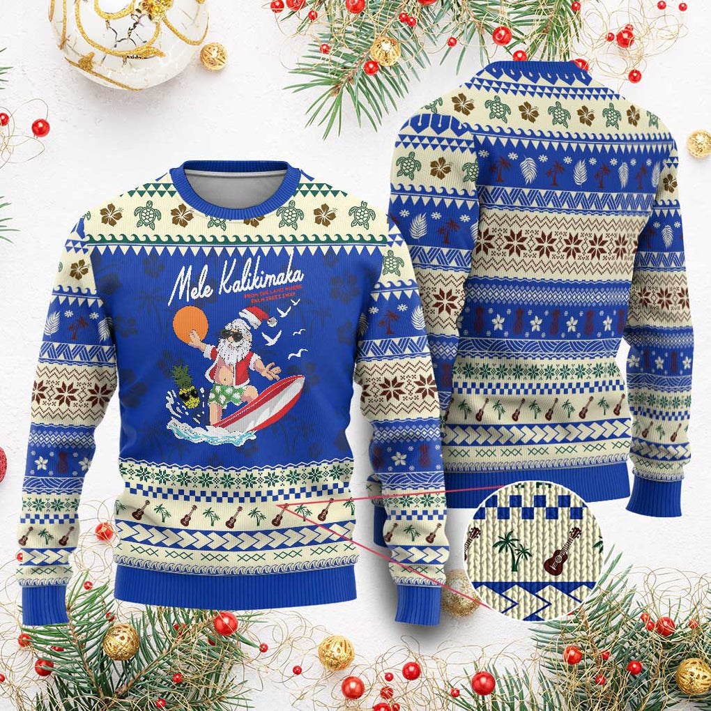 Xmas In Hawaii Ugly Christmas Sweater Mele Kalikimaka Surfing Santa Vintage Hawaiian Christmas TS09 Blue Print Your Wear