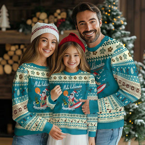 Xmas In Hawaii Ugly Christmas Sweater Mele Kalikimaka Surfing Santa Vintage Hawaiian Christmas TS09 Teal Print Your Wear