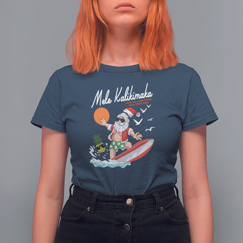 Mele Kalikimaka Surfing Santa Vintage Hawaiian Christmas T Shirt For Women TS09 Navy Printyourwear