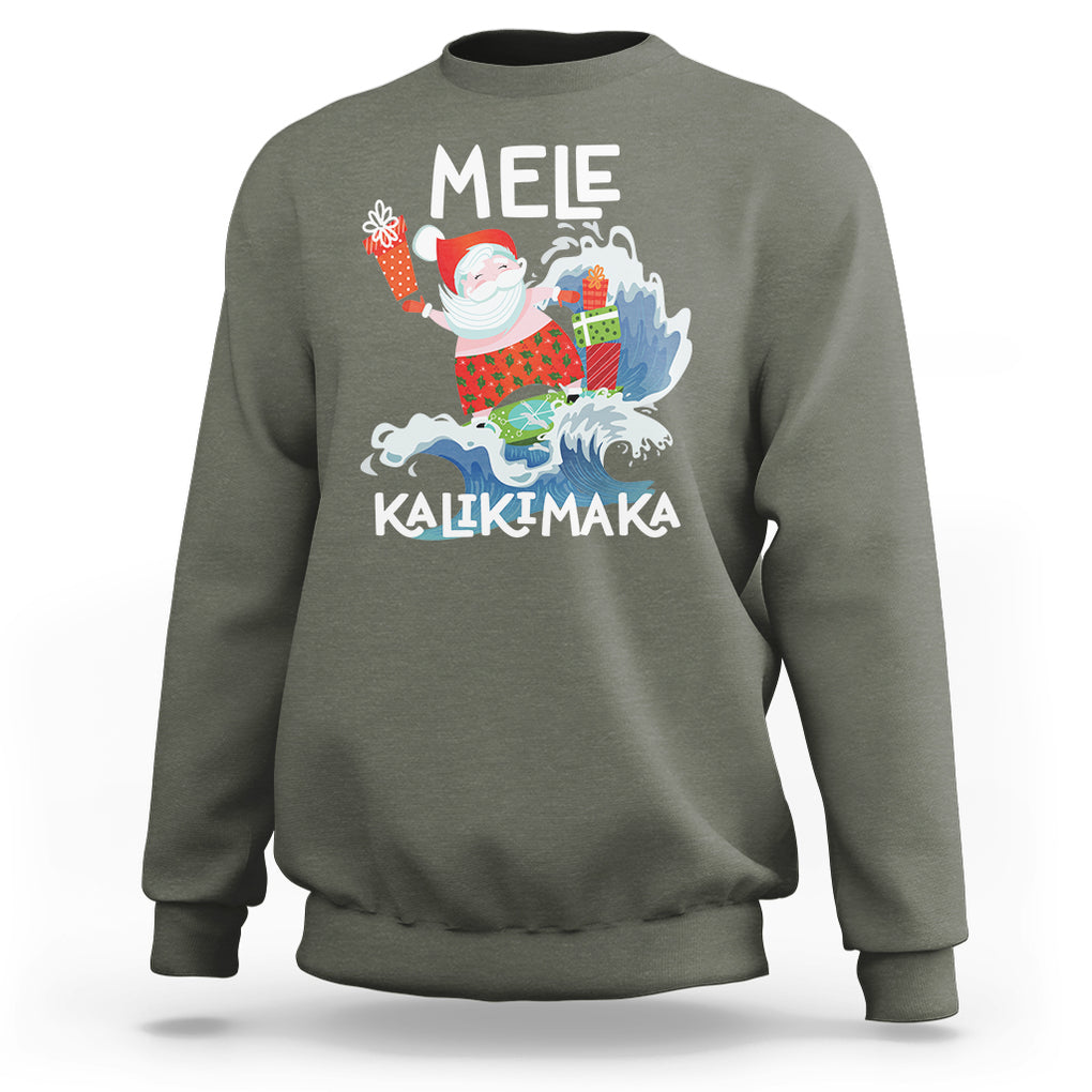 Mele Kalikimaka Surfing Cute Santa Hawaiian Christmas Sweatshirt TS09 Military Green Printyourwear