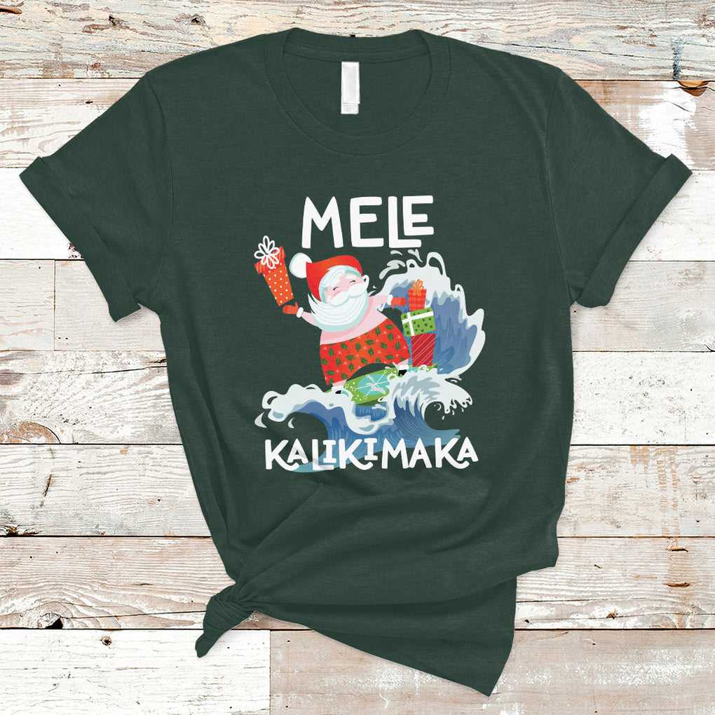 Mele Kalikimaka Surfing Cute Santa Hawaiian Christmas T Shirt TS09 Dark Forest Green Printyourwear